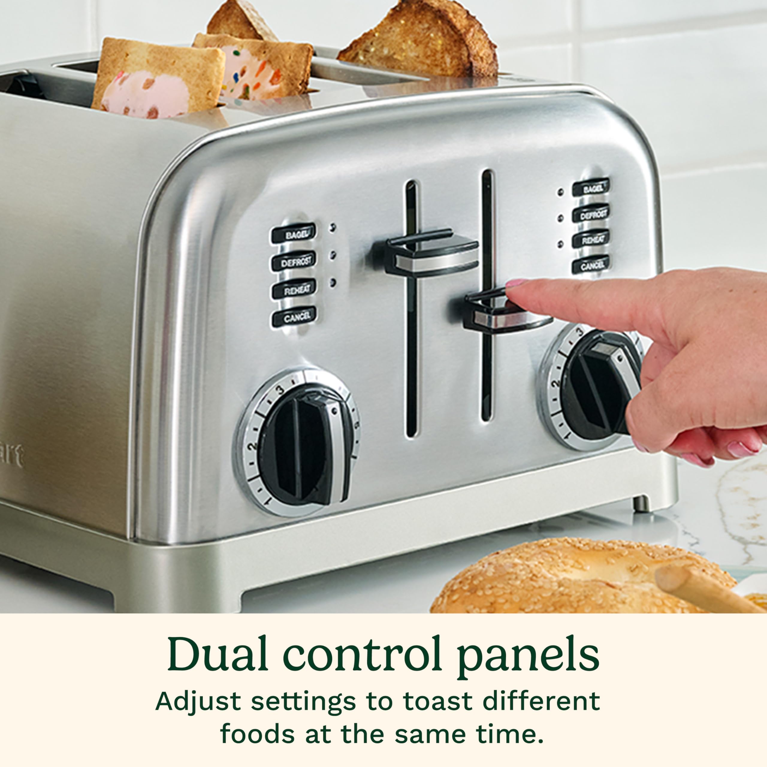 Cuisinart 4 Slice Compact Stainless Steel Toaster with Extra-Wide Slots for Bread, French Toast, Bagels & Pastries, Defrost & Reheat Functions, CPT-180P1, Brushed Stainless, Removable Crumb Tray - Image 5