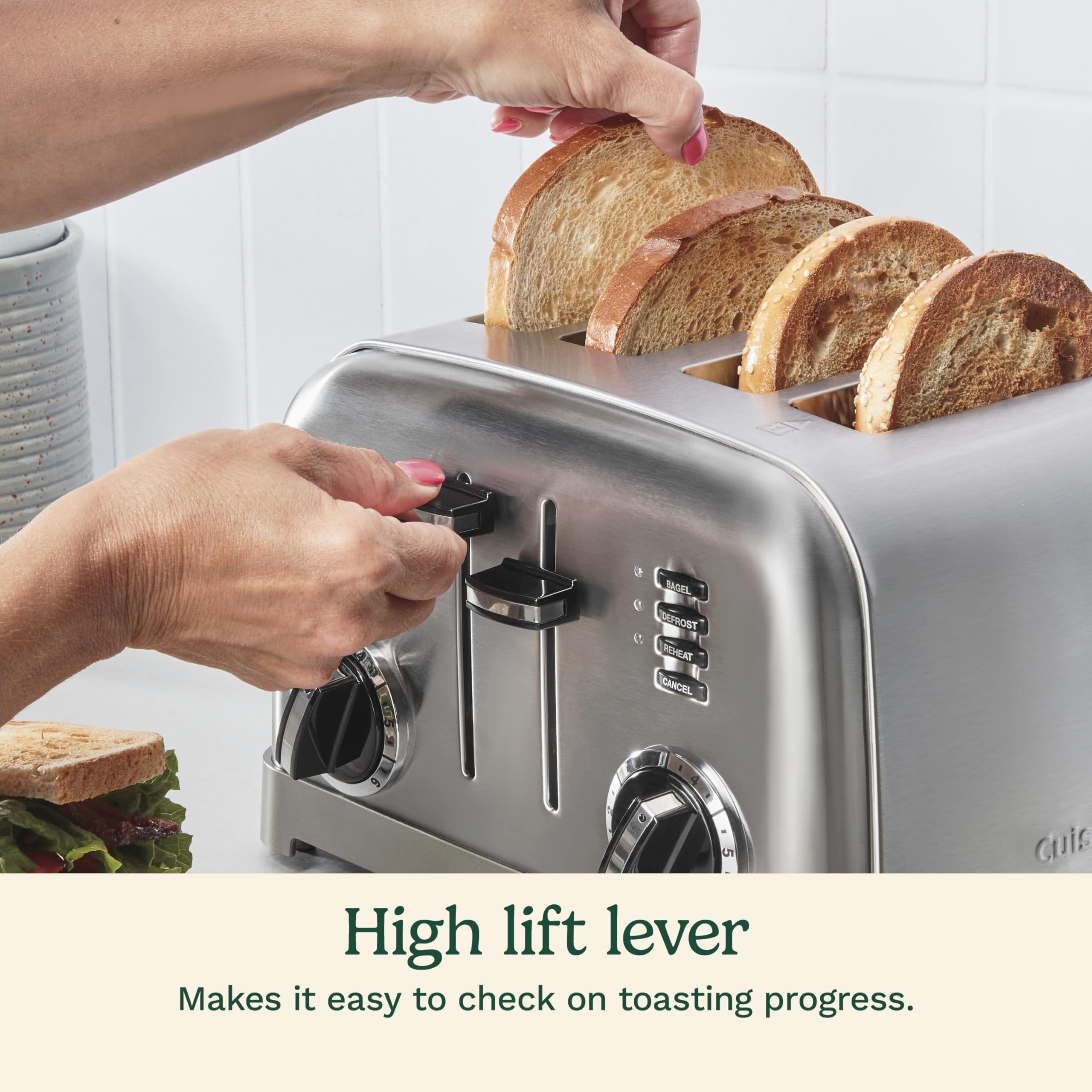 Cuisinart 4 Slice Compact Stainless Steel Toaster with Extra-Wide Slots for Bread, French Toast, Bagels & Pastries, Defrost & Reheat Functions, CPT-180P1, Brushed Stainless, Removable Crumb Tray - Image 6