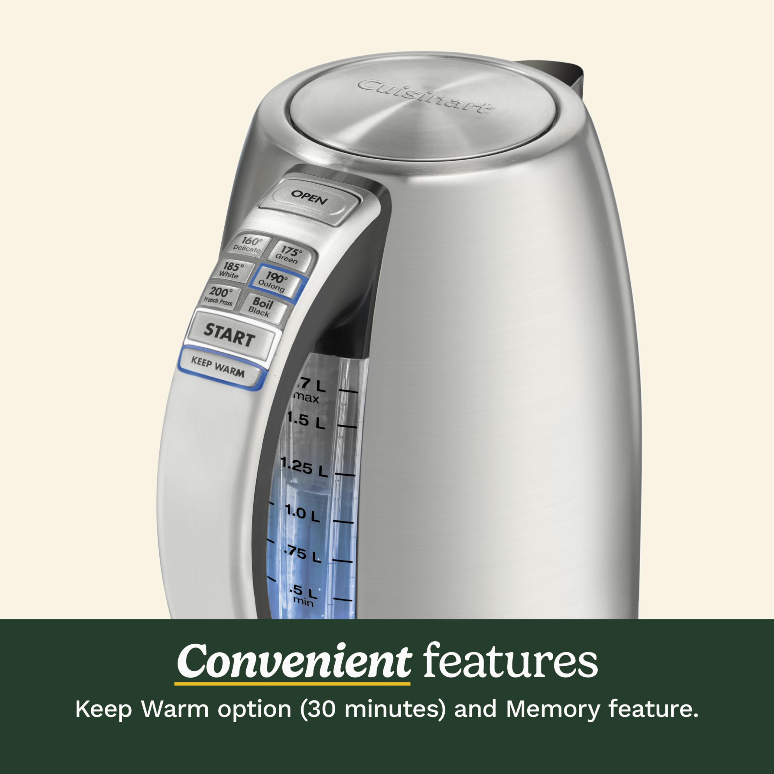 Cuisinart PerfecTemp 1.7-Liter Electric Kettle, Cordless Electric Tea Kettle, 1500W for Fast Heat-Up, 6 Preset Temperatures, 30-Minute Keep Warm, Stay Cool Nonslip Handle, CPK-17P1 - Image 5