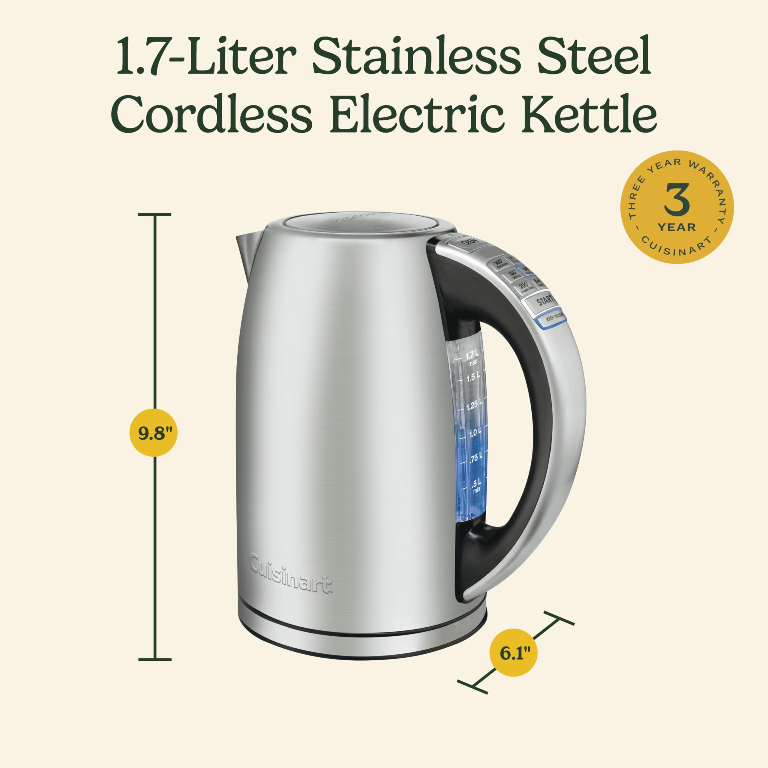 Cuisinart PerfecTemp 1.7-Liter Electric Kettle, Cordless Electric Tea Kettle, 1500W for Fast Heat-Up, 6 Preset Temperatures, 30-Minute Keep Warm, Stay Cool Nonslip Handle, CPK-17P1 - Image 8